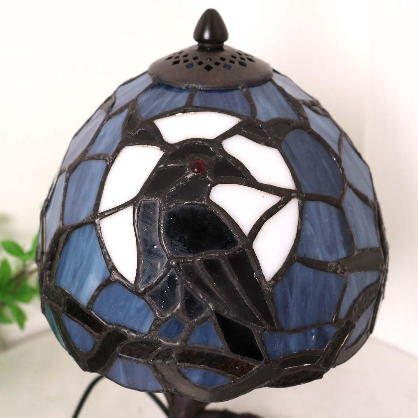 Bieye L12010 Raven Sitting on Bare Tree Branch in Full Moon Night Tiffany Style Stained Glass Table Lamp for Home Decor (Dark Blue, 8Wx14H)