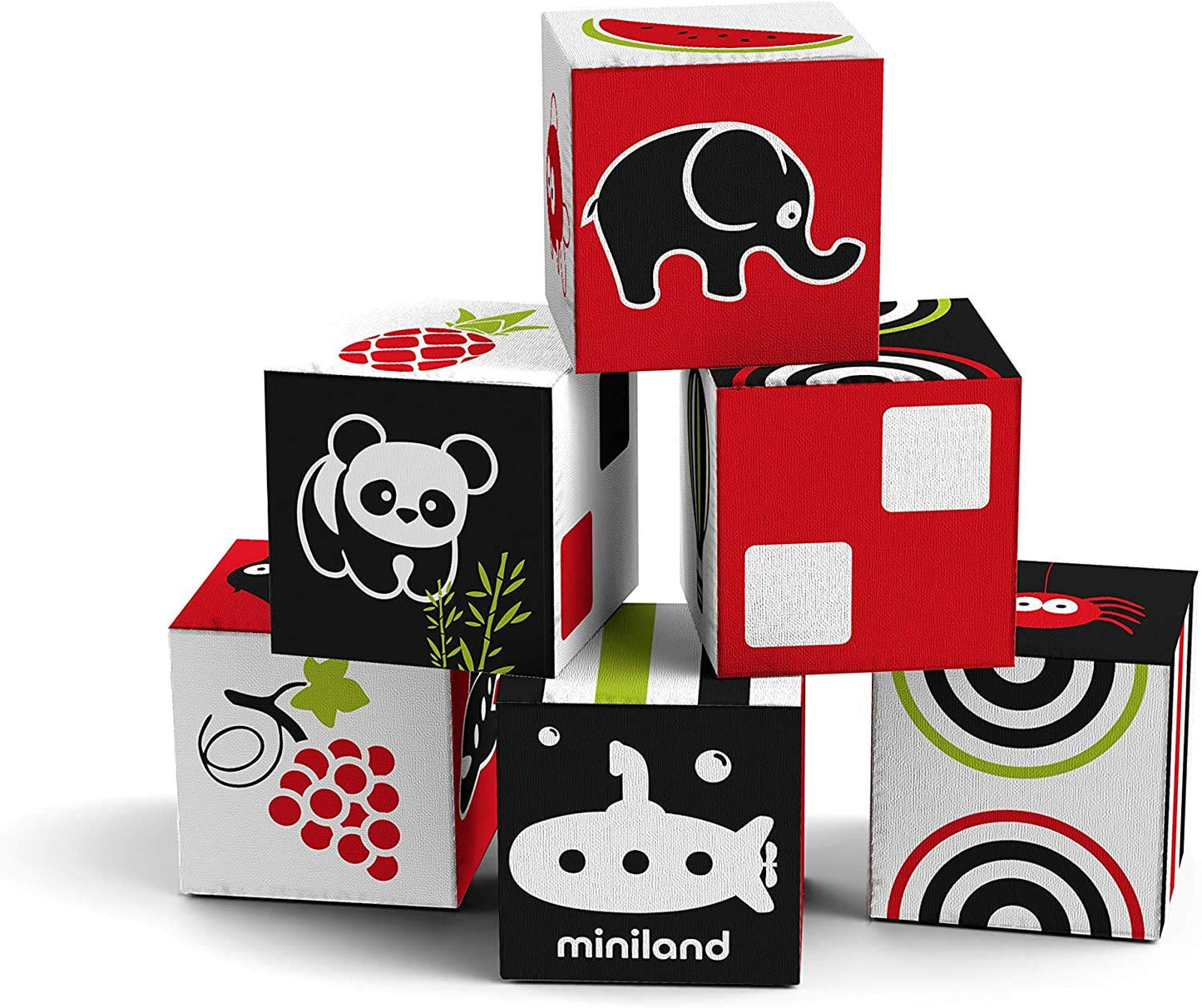 Miniland First Senses 6 Cubes, Soft Baby Building Cloth Fabric Blocks , Infants 9 Months to 18 Months, Toddlers Stack, Build, Sort, Safe Travel Toy, Patterns and Pictures, Carry Case Included