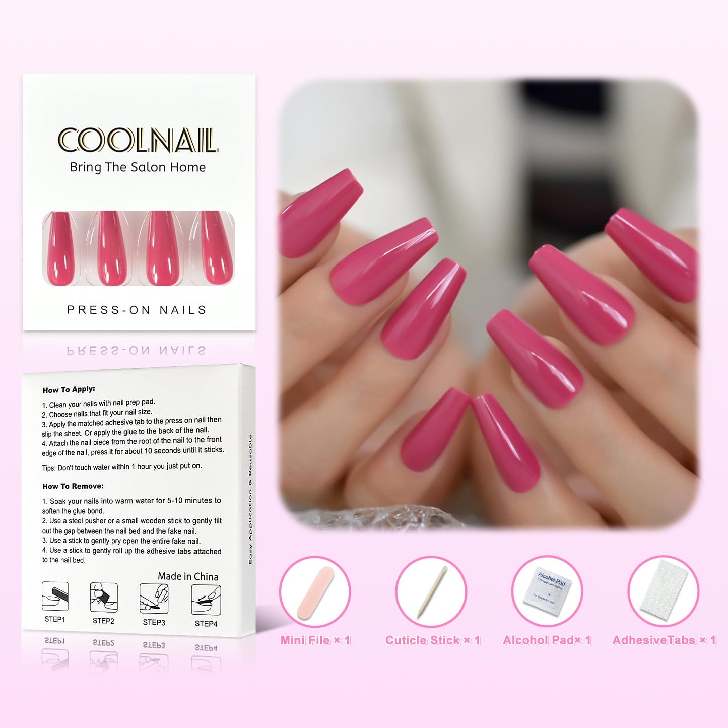 Coolnail Glossy 24pcs Dark Rose Pink Coffin False Nail Tips Acrylic Salon Full Cover Artificial Press On UV Fake Nails With Glue Sticker