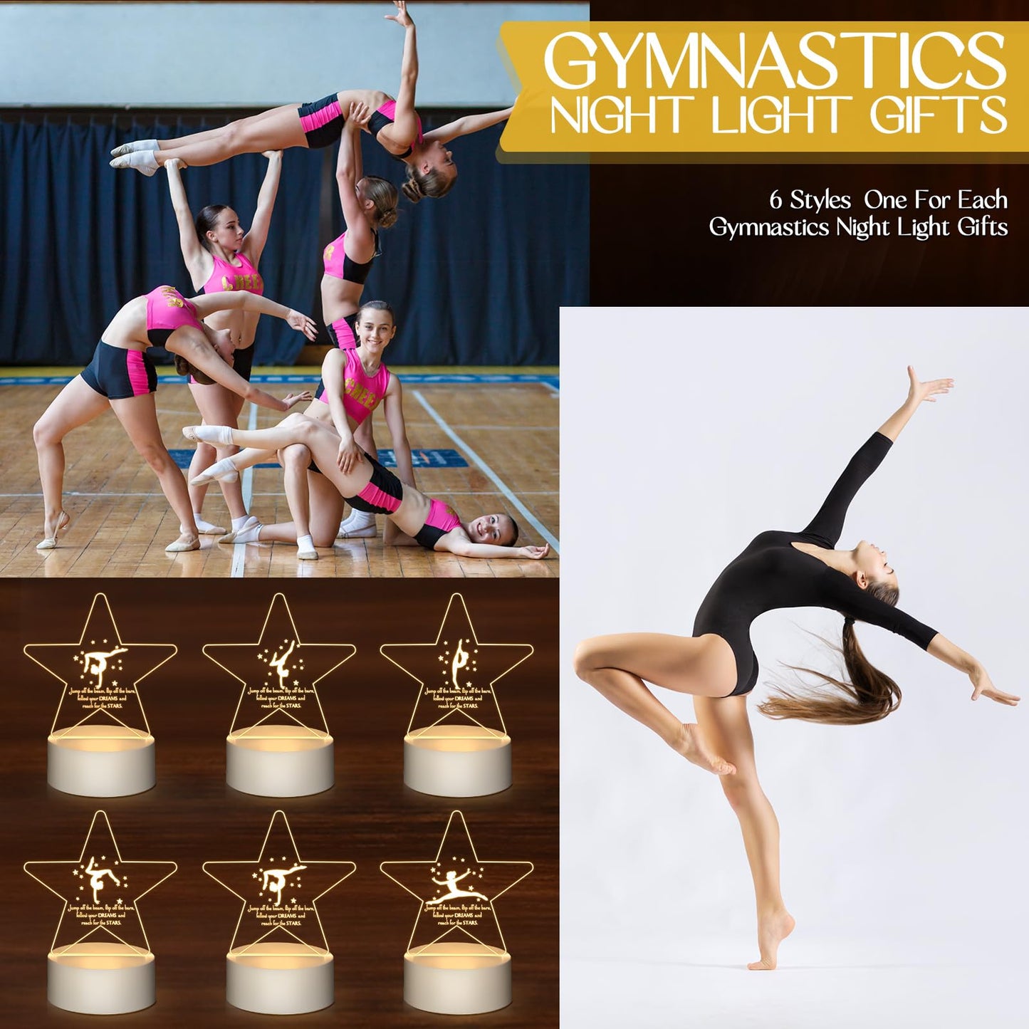 Kittmip 6 Pcs Gymnastics Stuff Gifts 3D Night Light with Base Inspirational Acrylic Appreciation Gymnastics Lamp LED for Student Dance Team Gymnast Gifts
