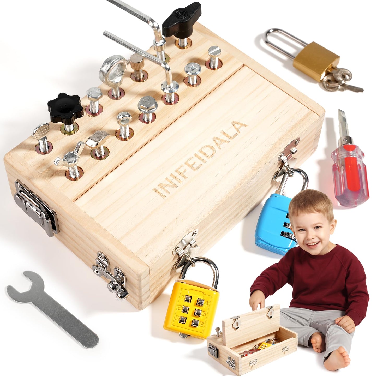 INIFEIDALA Montessori Busy Board for Toddlers Ages 3+ - Wooden Sensory Activity Board with Locks Keys & Screwdriver Tool Set - Educational STEM Learning Toy for Fine Motor Skills Development