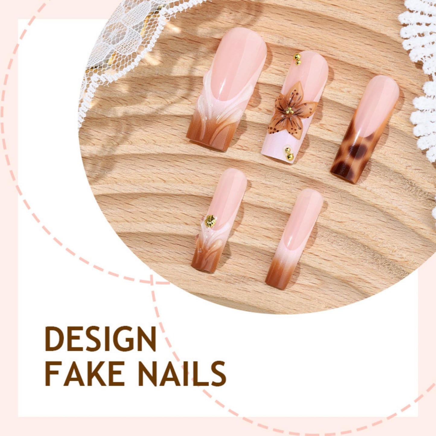 Square Press on Nails Long Fake Nails Brown Artificial Nail Flowers and Leopard Designs Stick on Nail for Women 24pcs