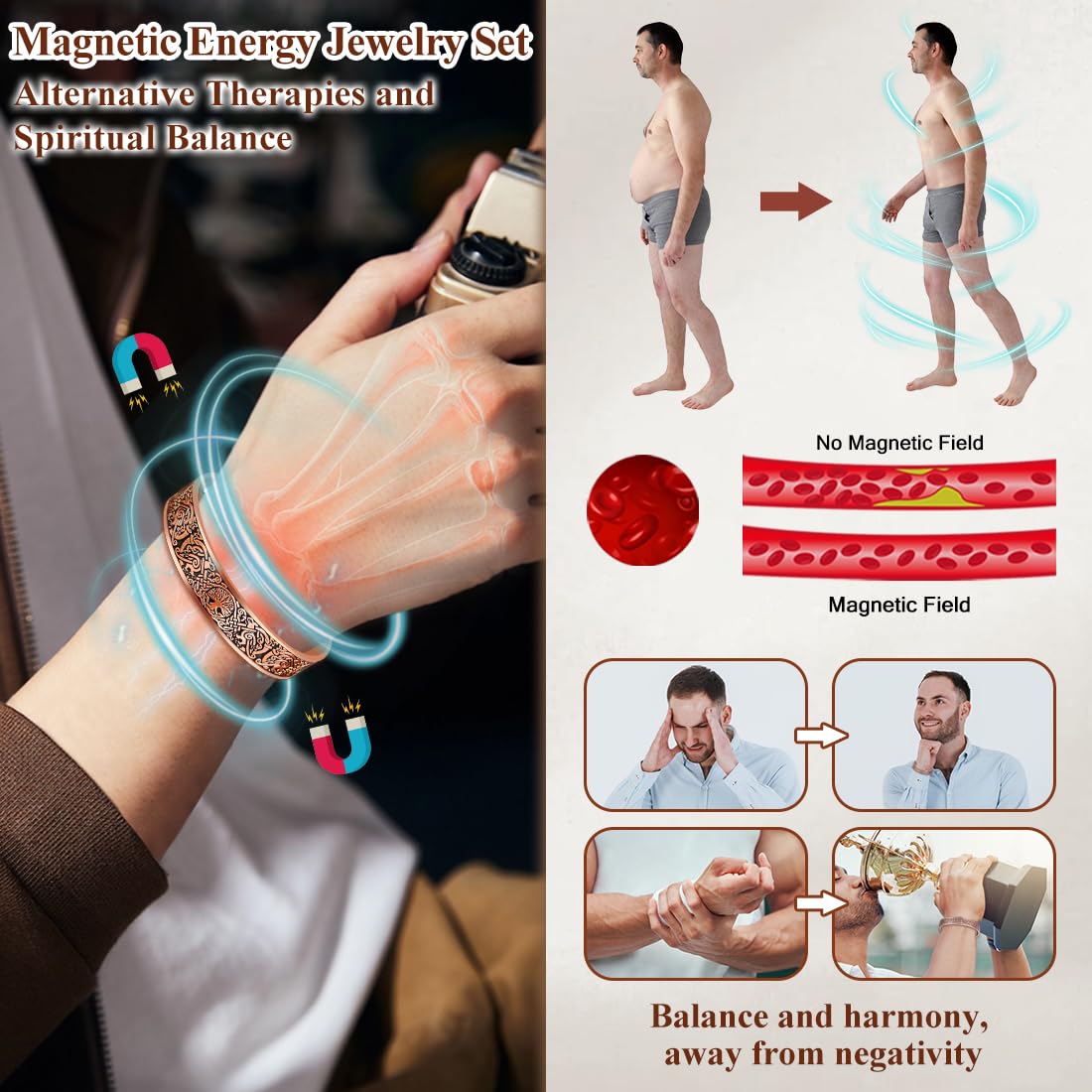 Cigmag 9X Copper Bracelet for Men Copper Magnetic Bracelet Ultra Strength Magnets Tree of Life Raven Pattern Adjustable Solid Pure Cuff Bangle