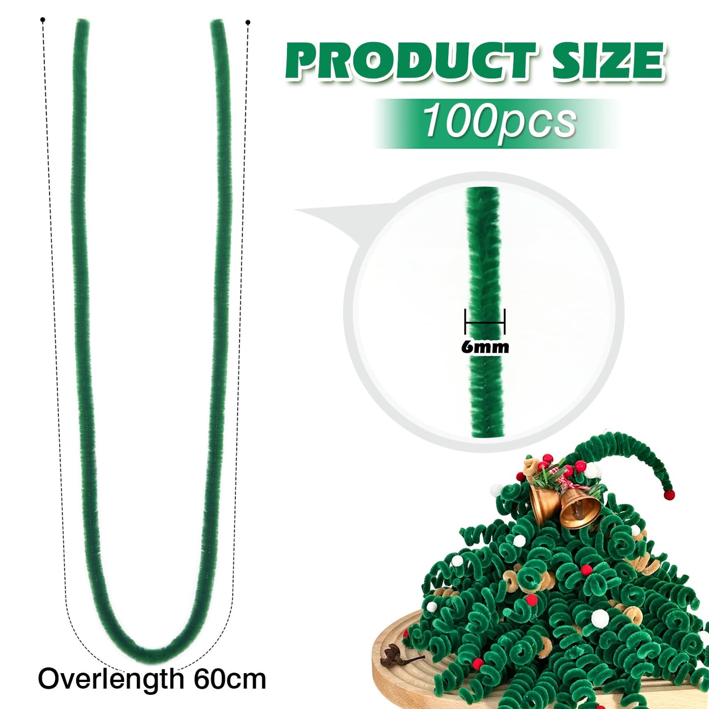 TOAOB 100pcs Long Pipe Cleaners Green Overlength Chenille Stems 24 Inch Fuzzy Sticks Craft Supplies for DIY Art Craft Projects Home Decorations