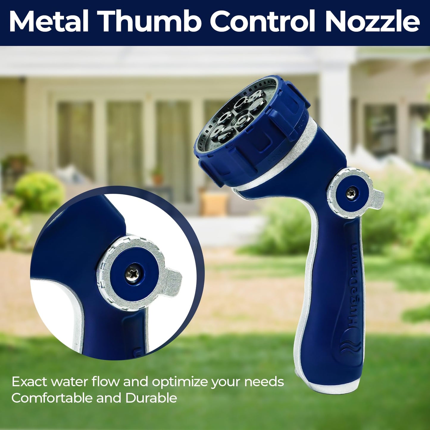 HugeDawn Garden Hose Nozzle with 7 Spray Patterns, Heavy Duty Metal Sprayer 30% Greater Water Flow for Watering, Car Wash, Outdoor Cleaning (Blue)