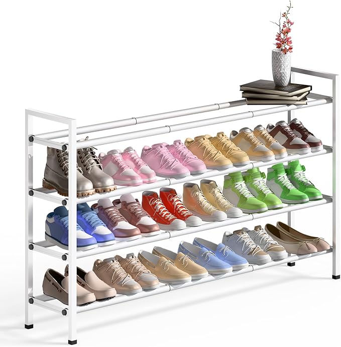 Bumusty 4-Tier Long Expandable Shoe Rack for Closet, 18"-44" Adjustable Shoe Rack for Entryway, 20-24 Pairs Large Shoe Organizer Shelf Storage, Sturdy Metal, White