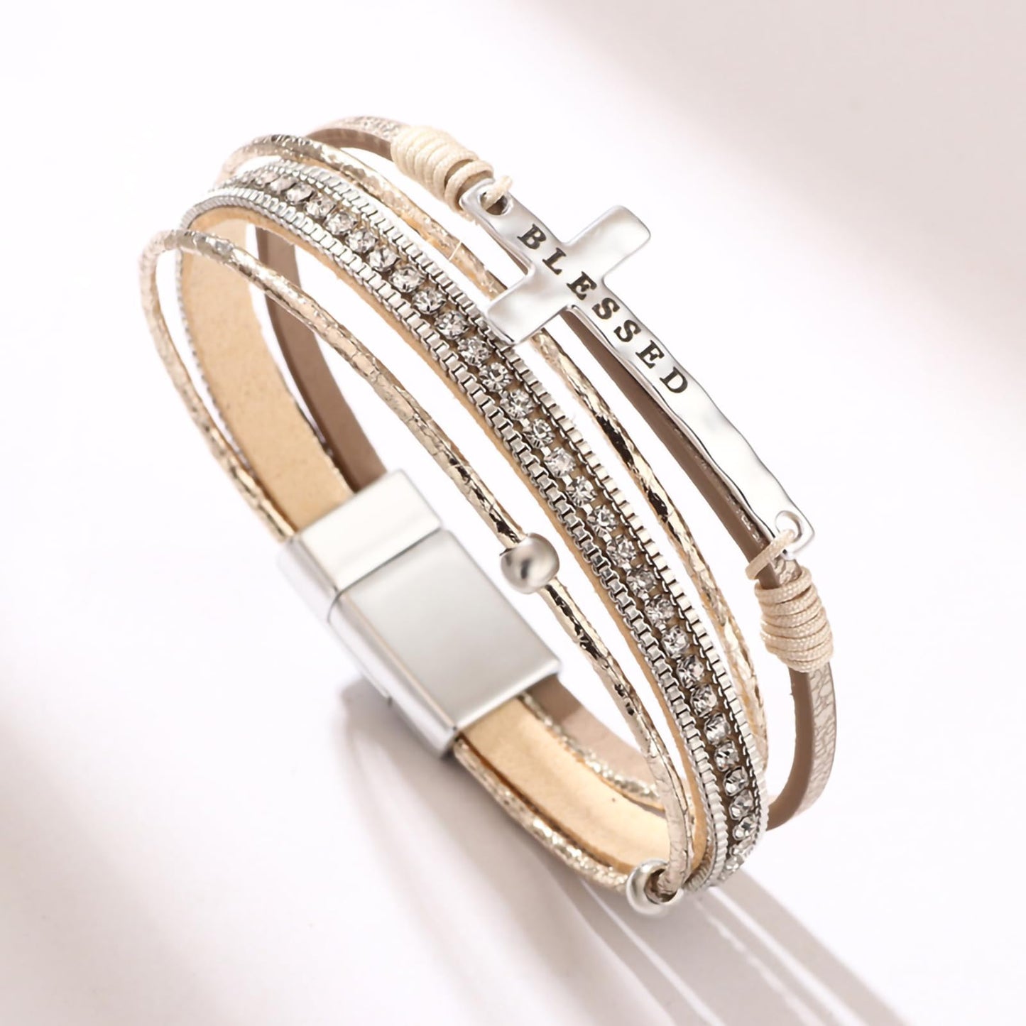 Leopard Bracelet for Women, Boho Leather Wrap Multi-Layer Pearl Crystal Bracelet Bangle Jewelry (Blessed Cross(Khaki))