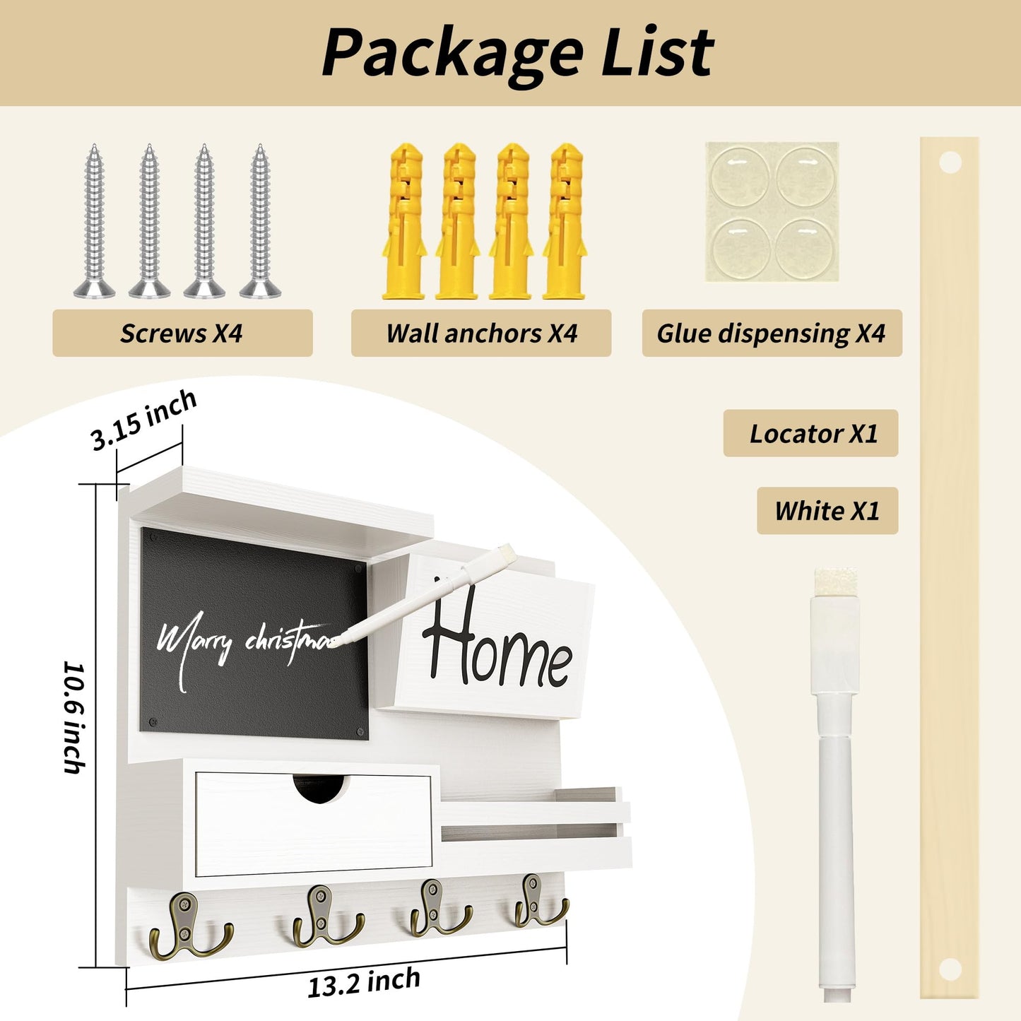 Farmhouse Key Holder for Wall with Mail Organizer - Easy Installation Wall Mount Organizer, Includes Chalkboard, Drawer, Wallet Holder & 4 Double Hooks, Ideal for Entryway, Quick Access - White