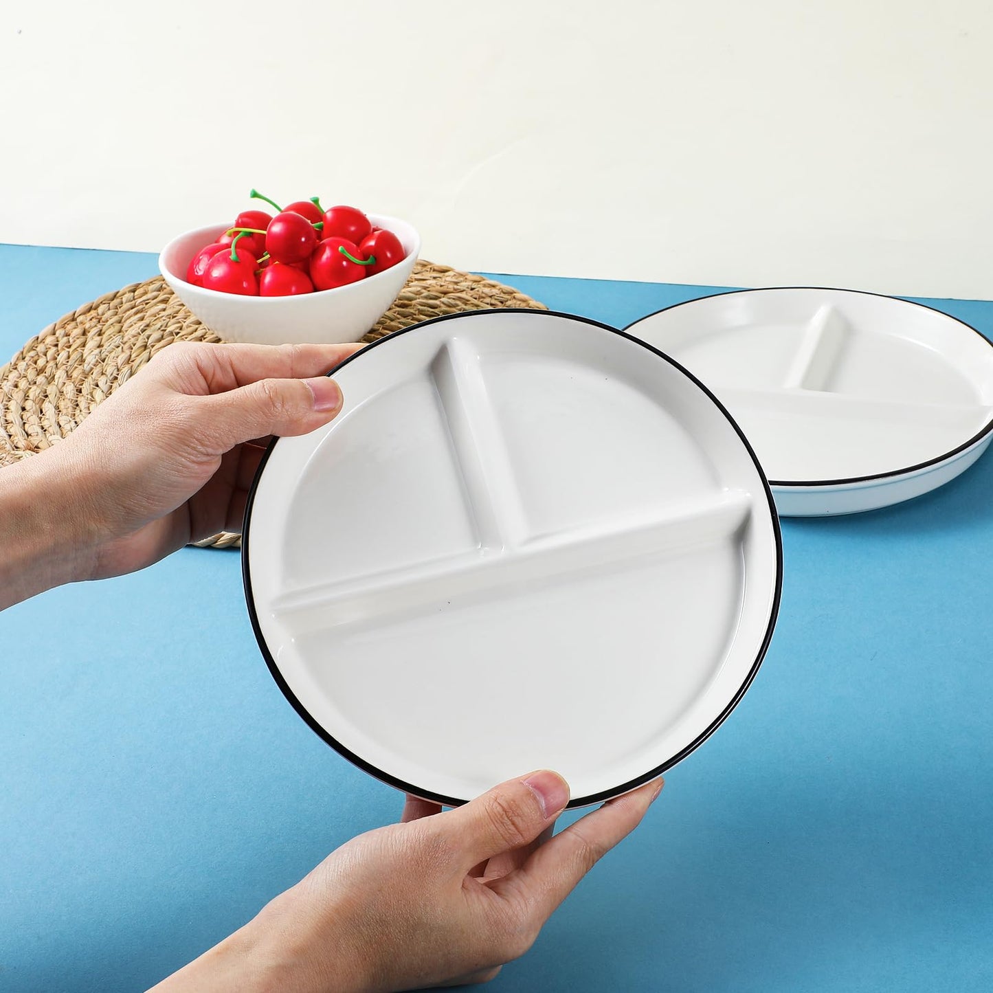 mekueeex Ceramic Divided Plates Set of 2Pcs, 8 Inch Portion Control Plate, Reusable Bariatric Plate for Adults, 3 Compartment Plates, White Dinner Plates for Balanced Meal, Microwave, Dishwasher Safe