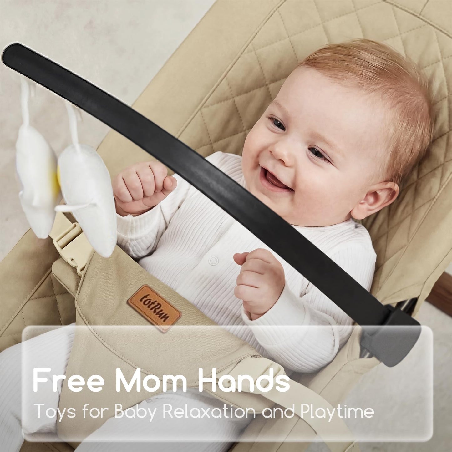 Foldable Baby Bouncer Seat - Portable Infant Bouncer with Adjustable Height, Khaki Polyester