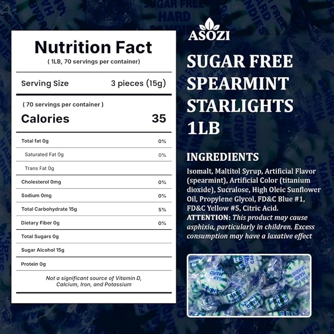 Sugar Free Spearmint Starlights - 1lb Bulk, Sugarless Mints Candy, Guilt-free Hard Candy - Ideal for Diabetics, Low-Sugar Diets, Freshen Breath, Guilt-Free Treats by ASOZI