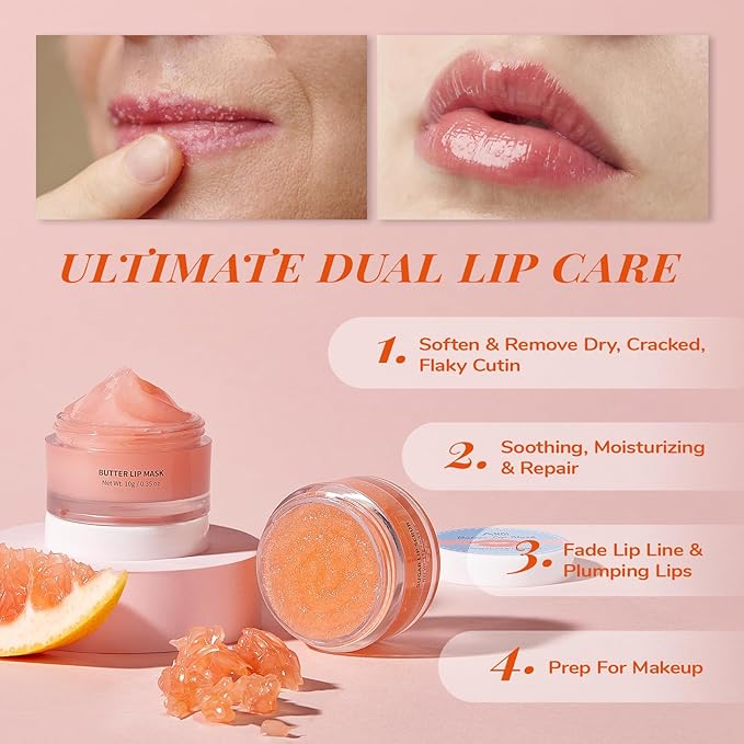 Hydrating Lip Mask & Lip Scrub Set, Lip Overnight Treatment For A Softer & Smoother Pout, Lip Exfoliator Scrub and Moisturizer Set With Grapefruit, Non-Sticky, Vegan & Cruelty-Free