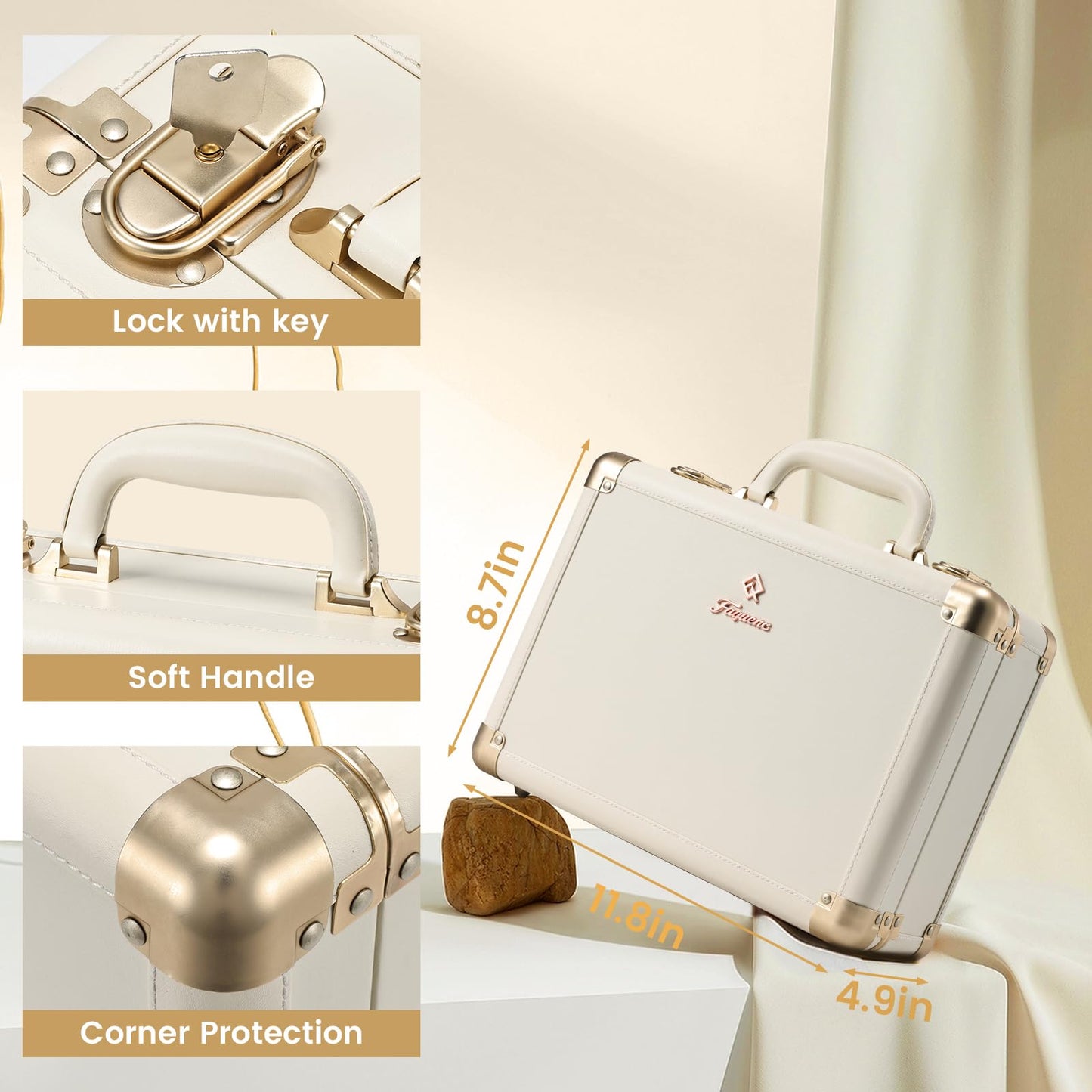 Faquenc Lighted Makeup Case with Detachable Tray, Beige Vegan Leather Makeup Box Rechargable 3-Color LED Mirror, Travel Train Case Makeup Bag Organizer with Champagne Alloy