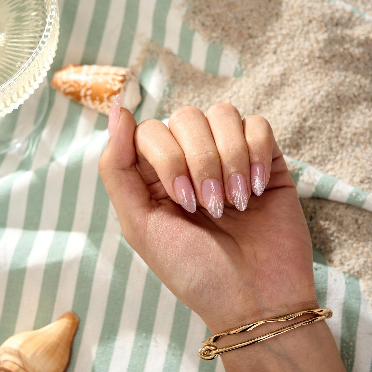 BTArtbox Press On Nails Short - Shell Luxe, Lamp-Curable 4-Week Wear 3D Shell Pink Cat Eye Almond Press On Nails with Glue and Adhesive Tabs, Easy-to-Apply in 16 Sizes - 32 Nails All-in-One Kit
