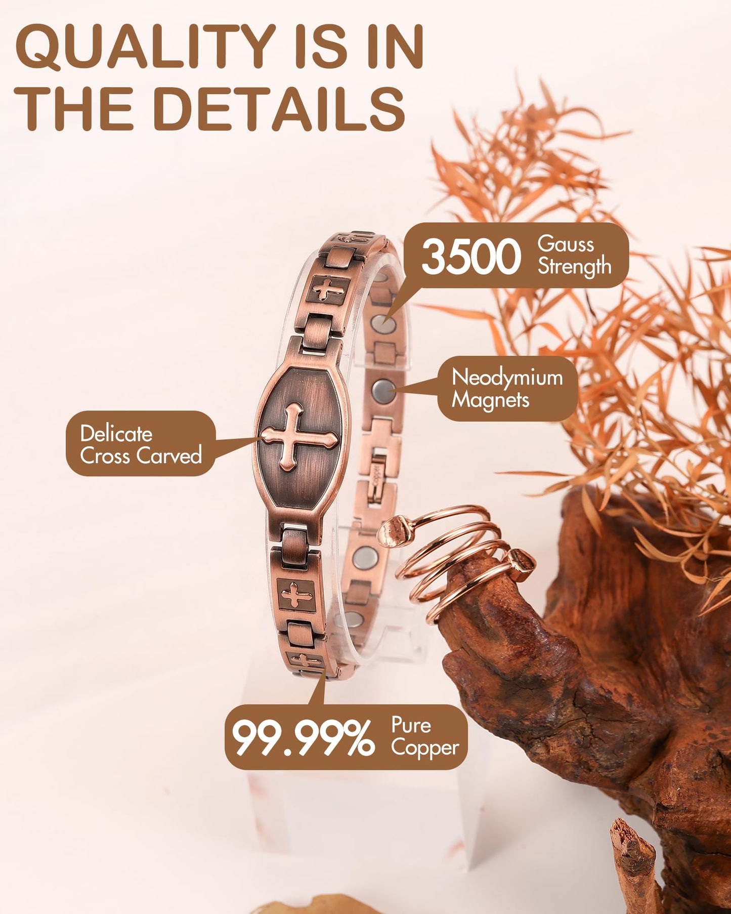 Feraco Copper Bracelet for Women 99.99% Solid Copper Magnetic Bracelets, Unique X Shape Links, Magnetic Field Therapy Jewelry Gifts (Religious Cross with Ring)