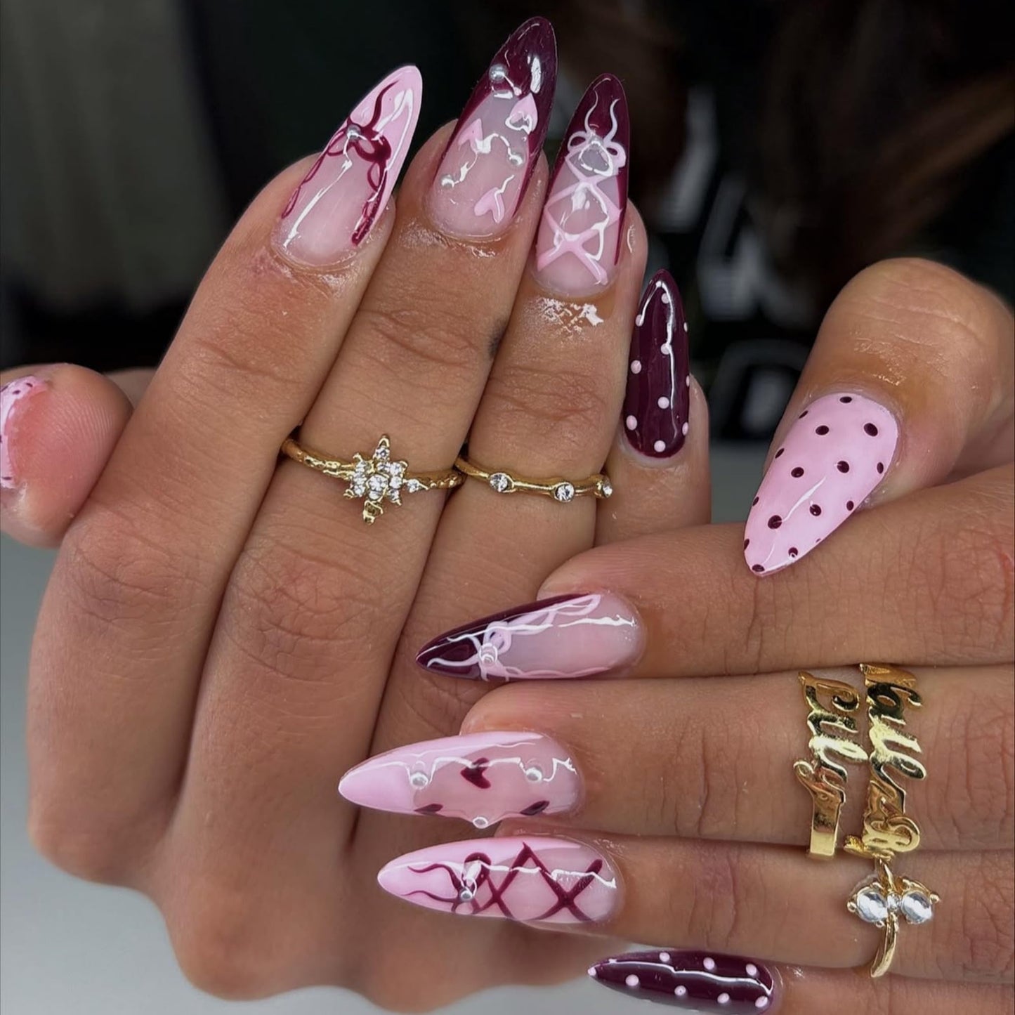 octoswave Press on Nails Medium Almond Fake Nails Cute French Artificial Nail Sweet Love and Bow Stick on Nail for Women 24pcs