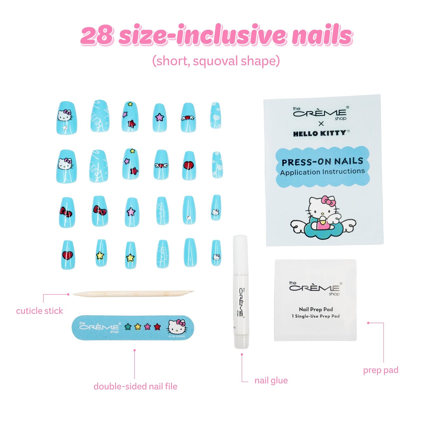 The Crème Shop x Hello Kitty Wings Collection Press On Nails, Short Squoval Shape, 28 Nails Kit with Glue and Tools (Kawaii Vacation)