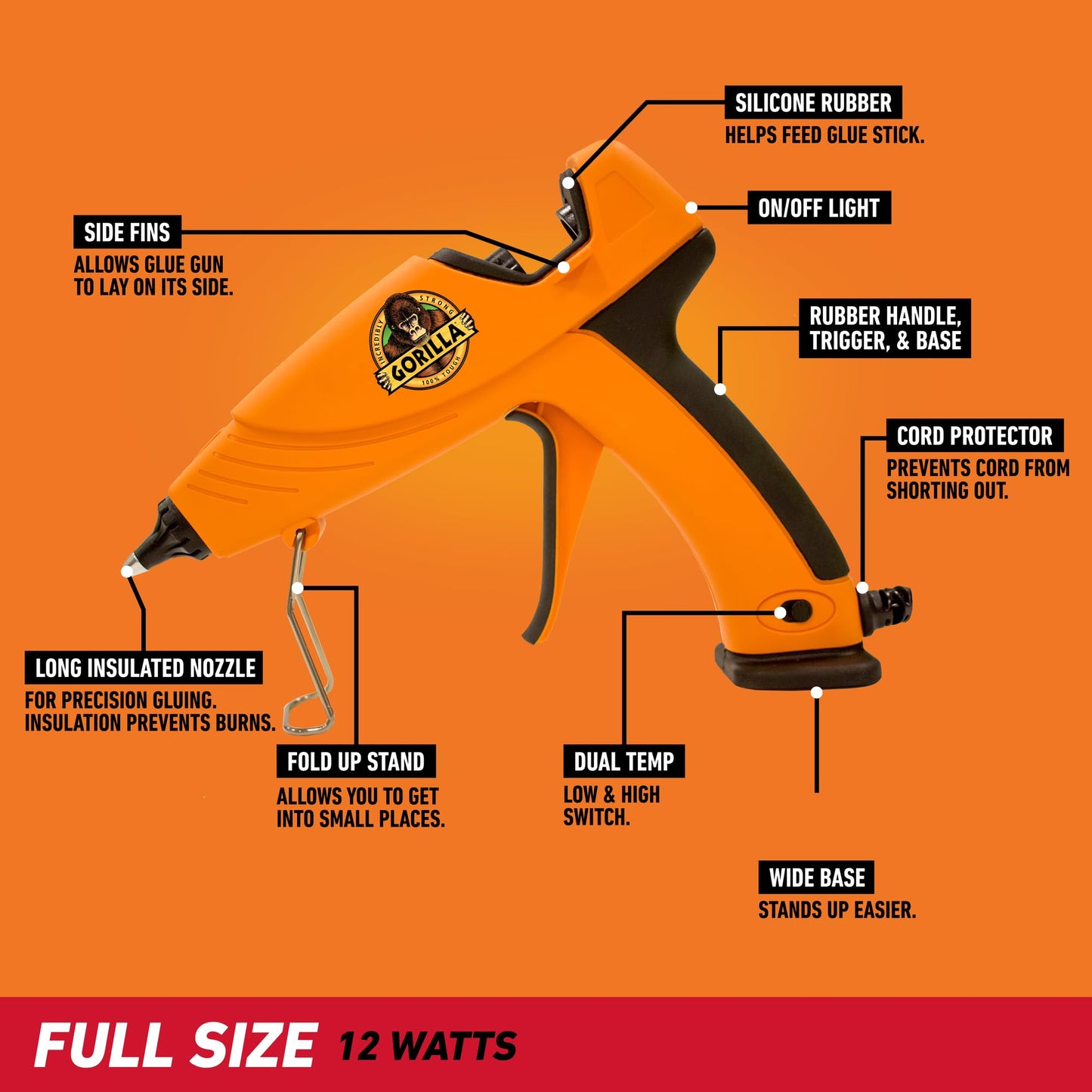 Gorilla Hot Glue Gun (Pack of 1) - Dual Temp Full Size Hot Glue Gun with Precision Nozzle, Easy Squeeze Trigger, and Enhanced Safety Features for DIY, Craft, Repairs, and More