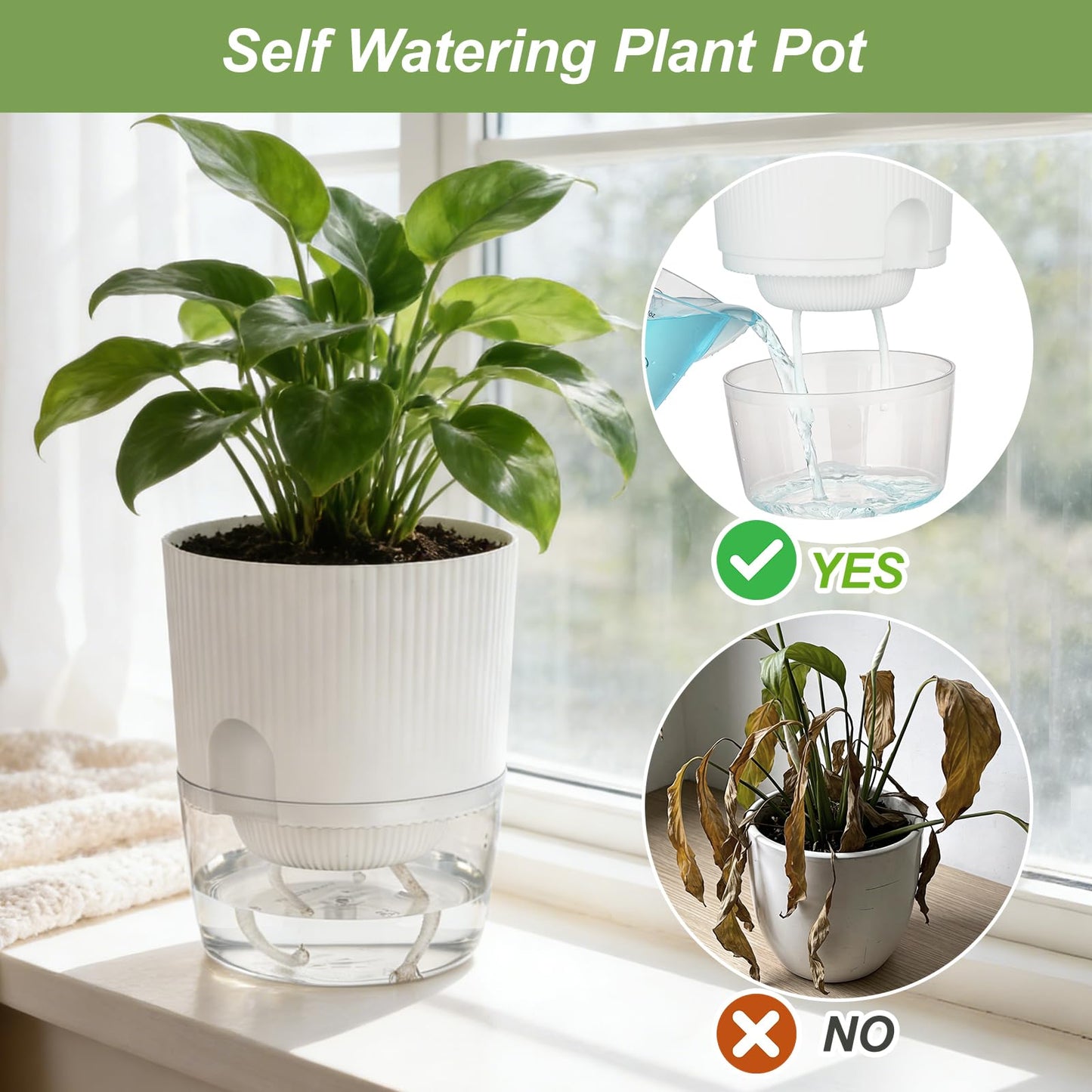 Samhe Plant Pots, 4 Pack 5.7 Inch Self Watering Pots for Indoor Plants, Flower Pots with Deep Reservoir and Drainage Holes - White