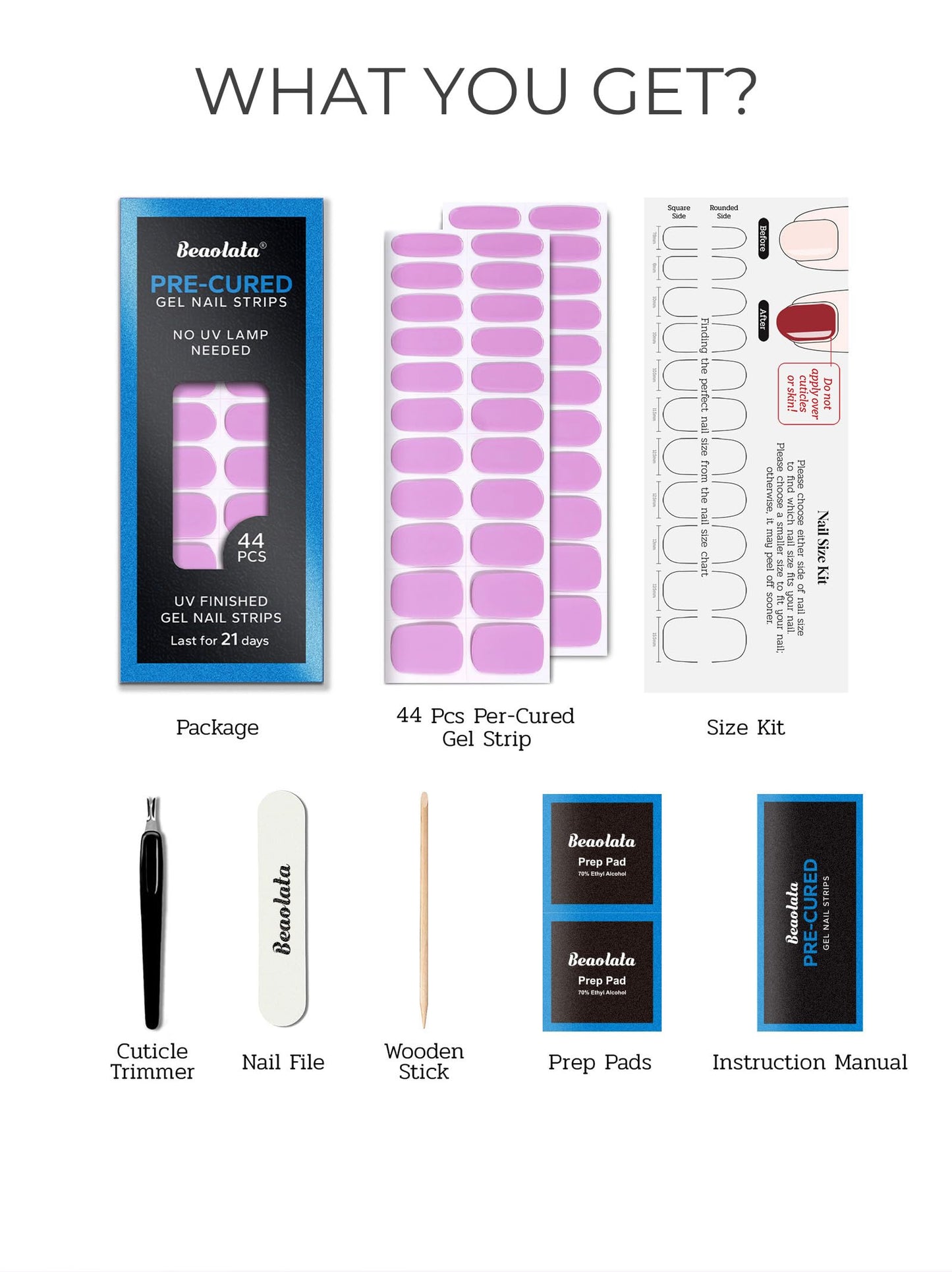 Beaolata Real Gel Nail Strips (No UV Light Needed) - 44Pcs Salon Quality Nail Stickers - Long Lasting Polish Wraps for Women, Easy Apply & Remove (Macaron Pink