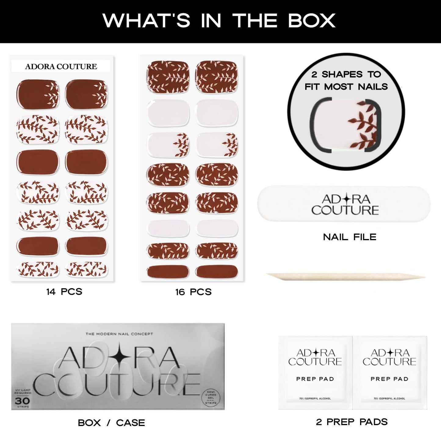 Adora Couture Semi Cured Gel Nail Strips with 30 Pieces - Salon Quality Manicure Kit for Women Easy Application Wraps Includes Prep Pads Nail File Wooden Stick, UV Light Required (Brown Mocha)