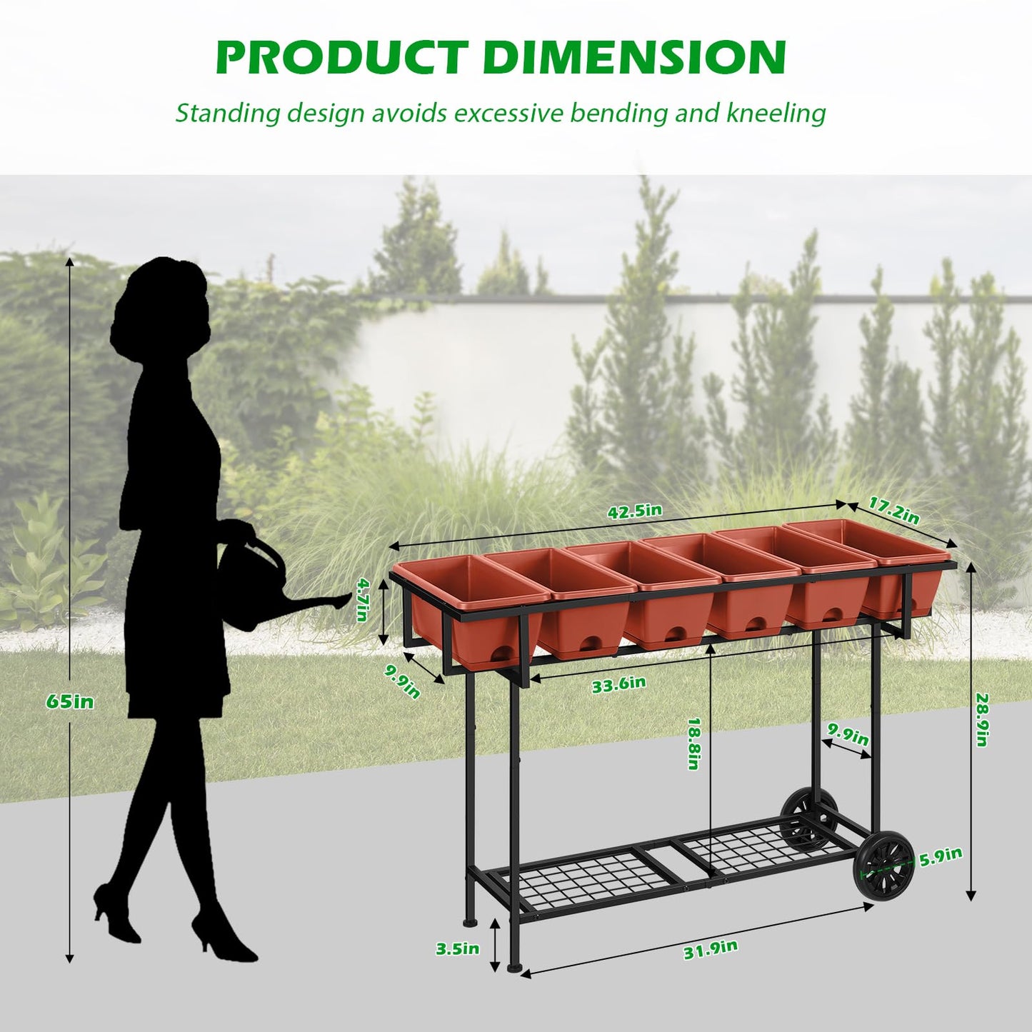 Vrisa Elevated Raised Garden Bed Outdoor with Legs 43x17x29 in Plastic Standing Planter Box with Storage Shelf and Wheels Vegetables Herbs Flowers Gardening Boxes for Backyard, Patio, Balcony, Black