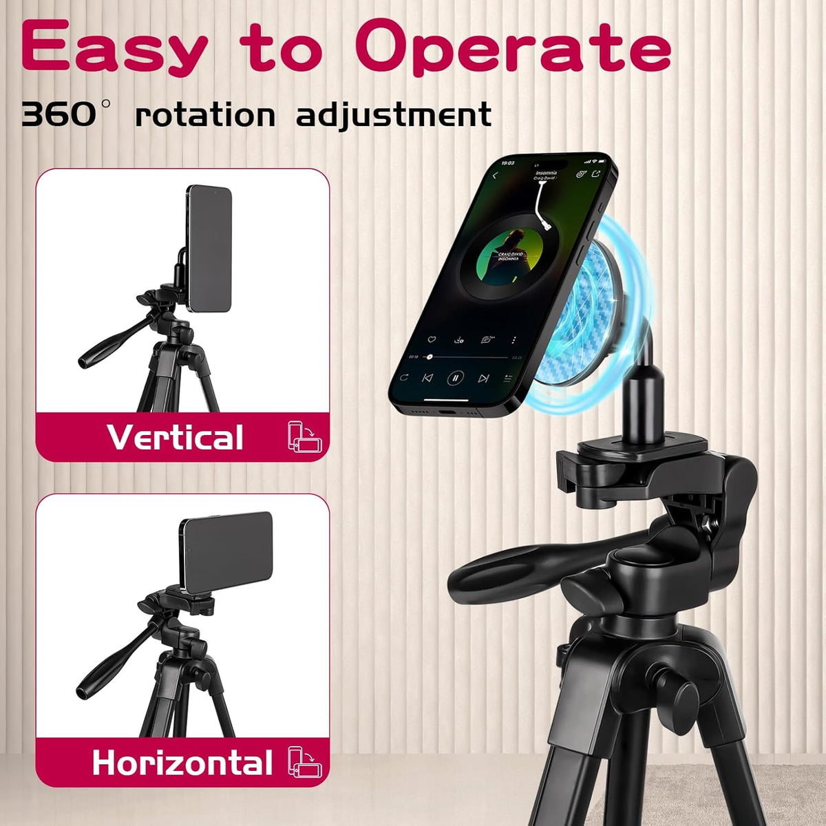 55" Phone Tripod, PHOPIK Aluminum Extendable Tripod Stand with Shutter, Carrying Bag, Compatible with iPhone/Android/Sport Camera&Insta 360 x5 Perfect for Video Recording/Selfies/Live Stream/Vlogging