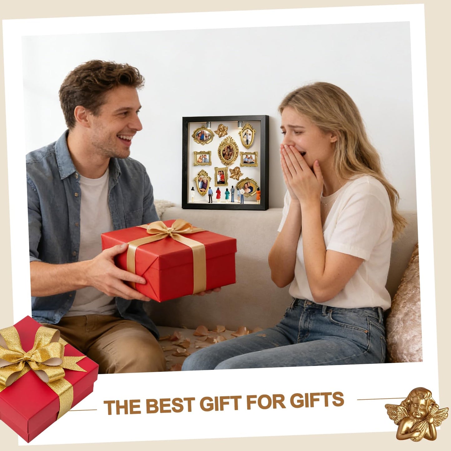 DIY Mini Museum Silhouette Box, Shadow Box Frame Kit with Gold Miniature Frames、Angel & Figurines, Custom Photo Family Memory Display Case Frame Set, for Anniversary, Wedding, Birthday & Home Decor