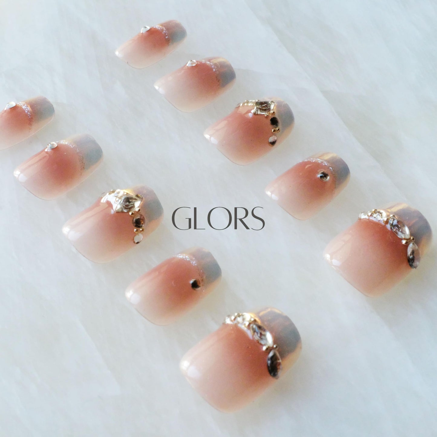 [GLORS] Purely Handmade Press On Nails | Moon Dream - French-style Pink Nail Tips with Diamond | Salon Quality Fake False Nails in Short Square 10 pieces (Medium, SS)