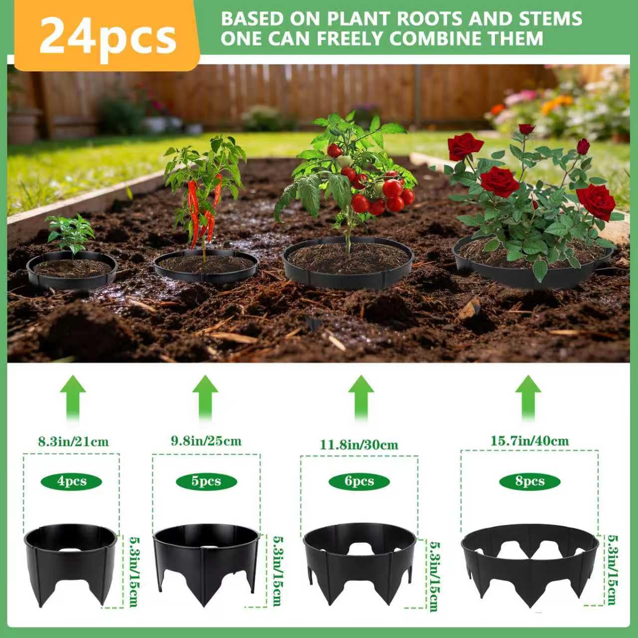 24PCS Planting Grow Rings with Shovel, Diameter Range 8.3-15.7in Adjustable Round Plant Support Garden Circle Ring for Watering Planting Edging Border Ring for Vegetables (24, Black)