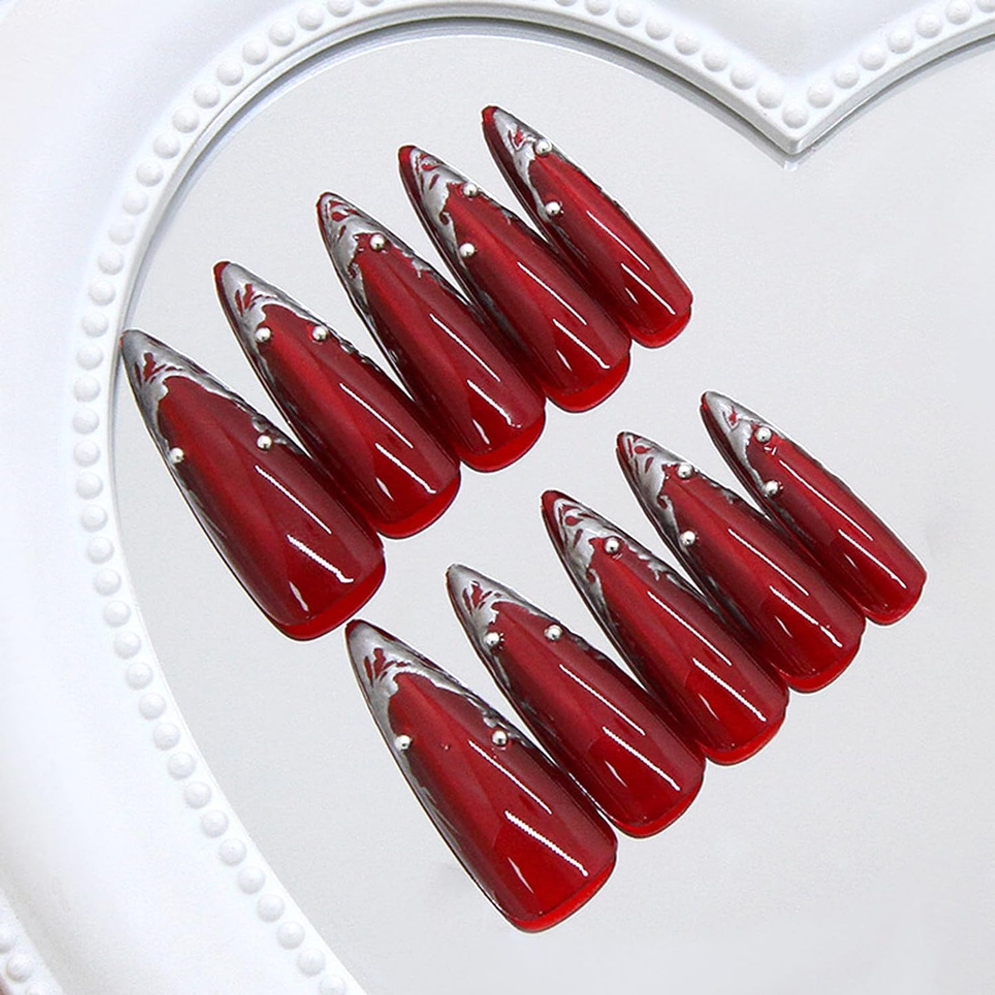 24Pcs Wine Red Press on Nails Long Pointed Almond Fake Nails French Nails Tip with Irregular Silver Design Glossy Y2k Acrylic False Nails Irregular Goth Artificial Nail Glue on on Nails for Women