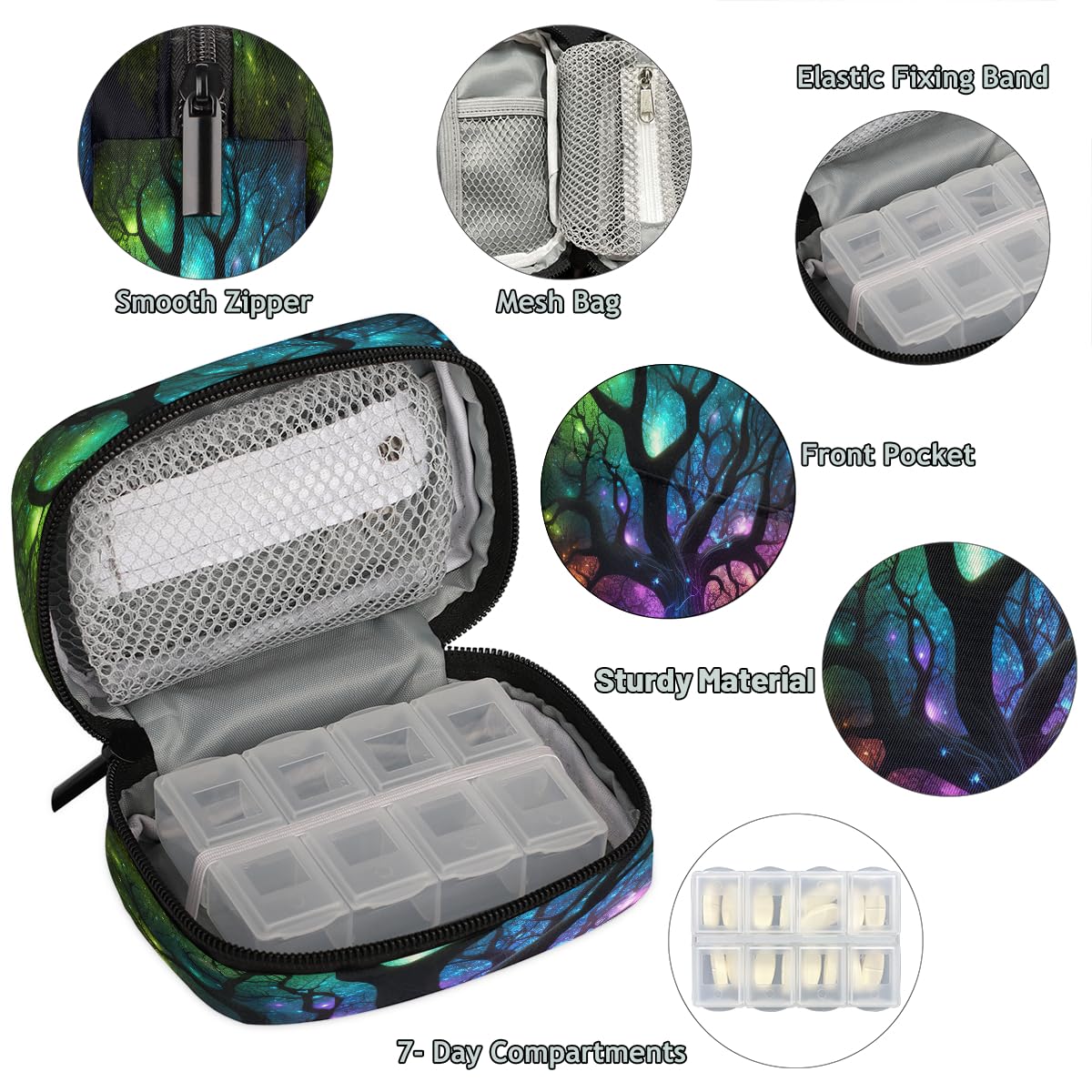 Tree of Life Galaxy Travel Pill Organizer Box Weekly Portable Pill Case Daily Pills 7 Day Small Birth Control Pills Container Removable Compartments for Medicine Vitamins Fish Oil