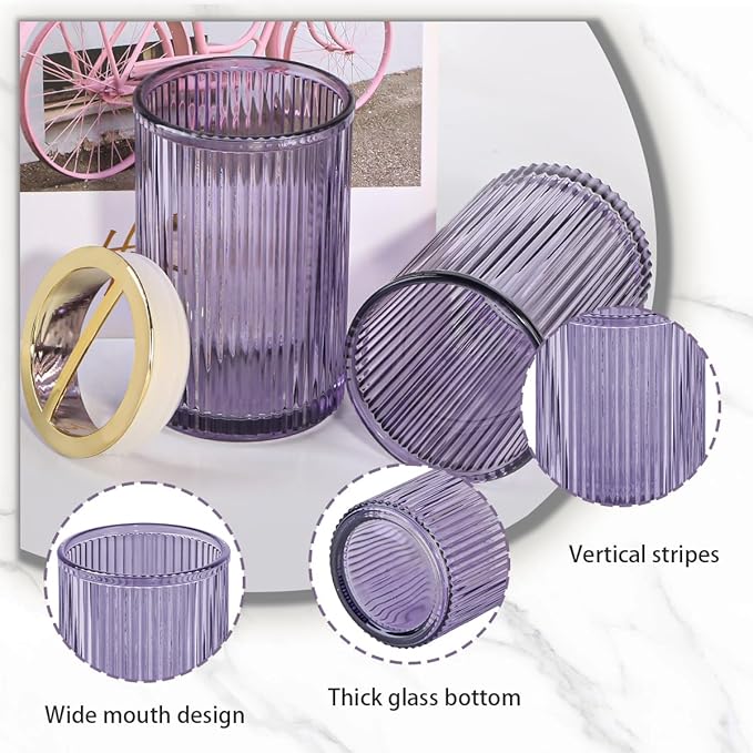 Toothbrush Holders for Bathrooms, Purple Glass Toothbrush Holder and Bathroom Tumbler Cup, 12oz Gold Bathroom Storage Cups, Tooth Brush Cup Holder Organizer for Toothpaste, Brushes, Razor