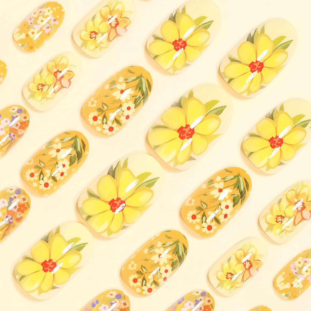 Short Press on Nails Oval - Yellow with Flower Design, Oil Painting Style Full Cover Glossy Fake Nails 24PCS for Women Manicure