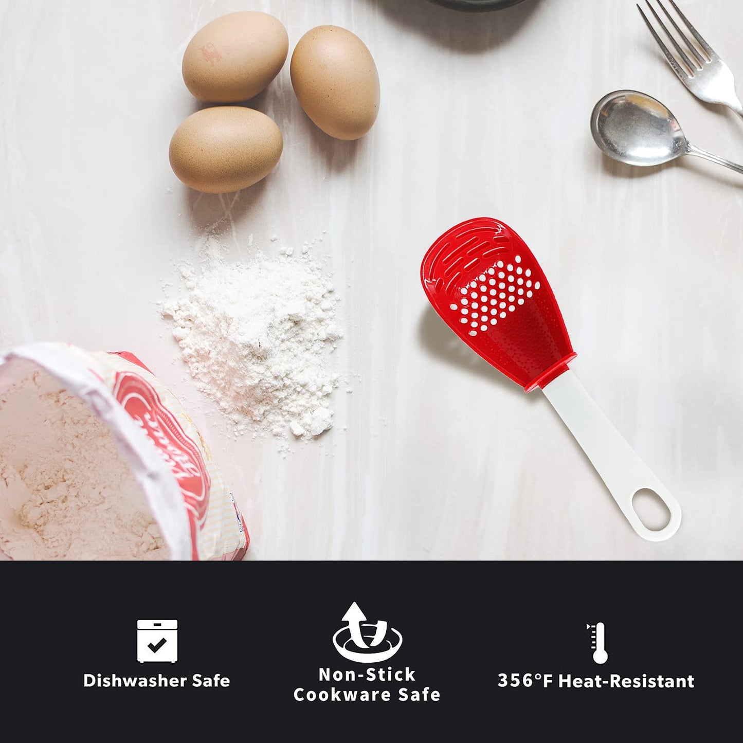 6 in 1 Multifunctional cooking gadgets, 356°F Heat Resistant kitchen gadgets, Egg Separator, Cooking, Draining, Mashing, Grating, Cooking spoon Red
