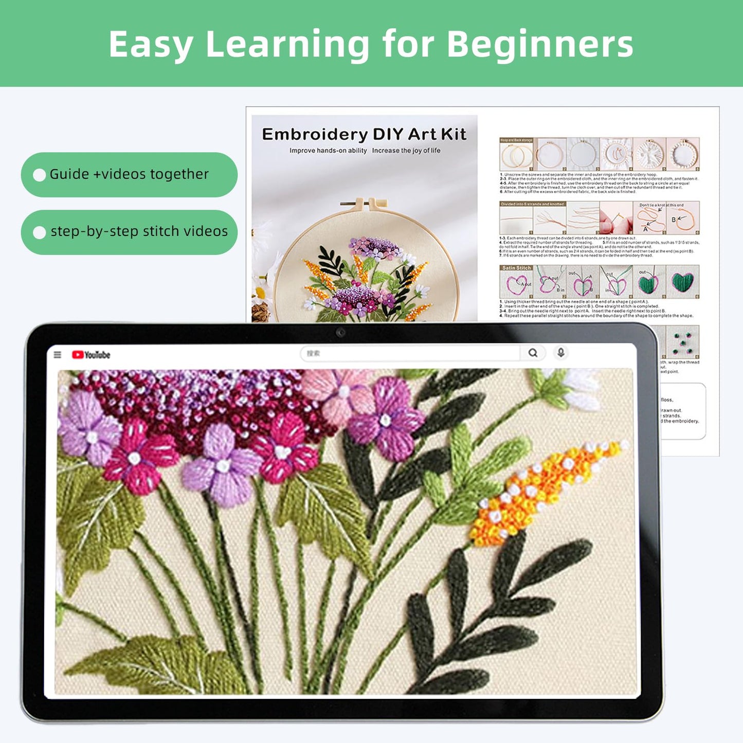 Herdiese 3PCS Embroidery Kit for Beginners with Floral Patterns – Cross Stitch Kits for Adults Including Hoop, Pre-Printed Fabrics, Threads, 9 Needles & Scissors – Easy Instructions
