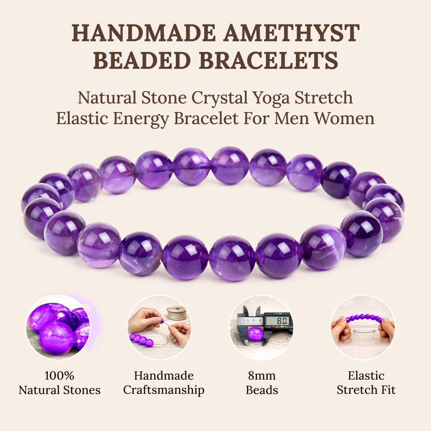 Elm City Direct 8mm Natural Stone Beaded Bracelet – Unisex Crystal Stretch Bracelets for Men & Women, Chakra & Healing Jewelry, Gift-Ready Beaded Bracelets (Amethyst, 8mm)