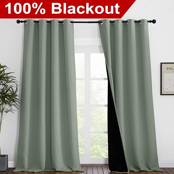 NICETOWN Full Shading Curtains 96 inches Long 2 Panels Set for Windows, Super Heavy-Duty Black Lined Blackout Curtains for Bedroom, Privacy Assured Window Treatment (Greyish Green, 55 inches W)
