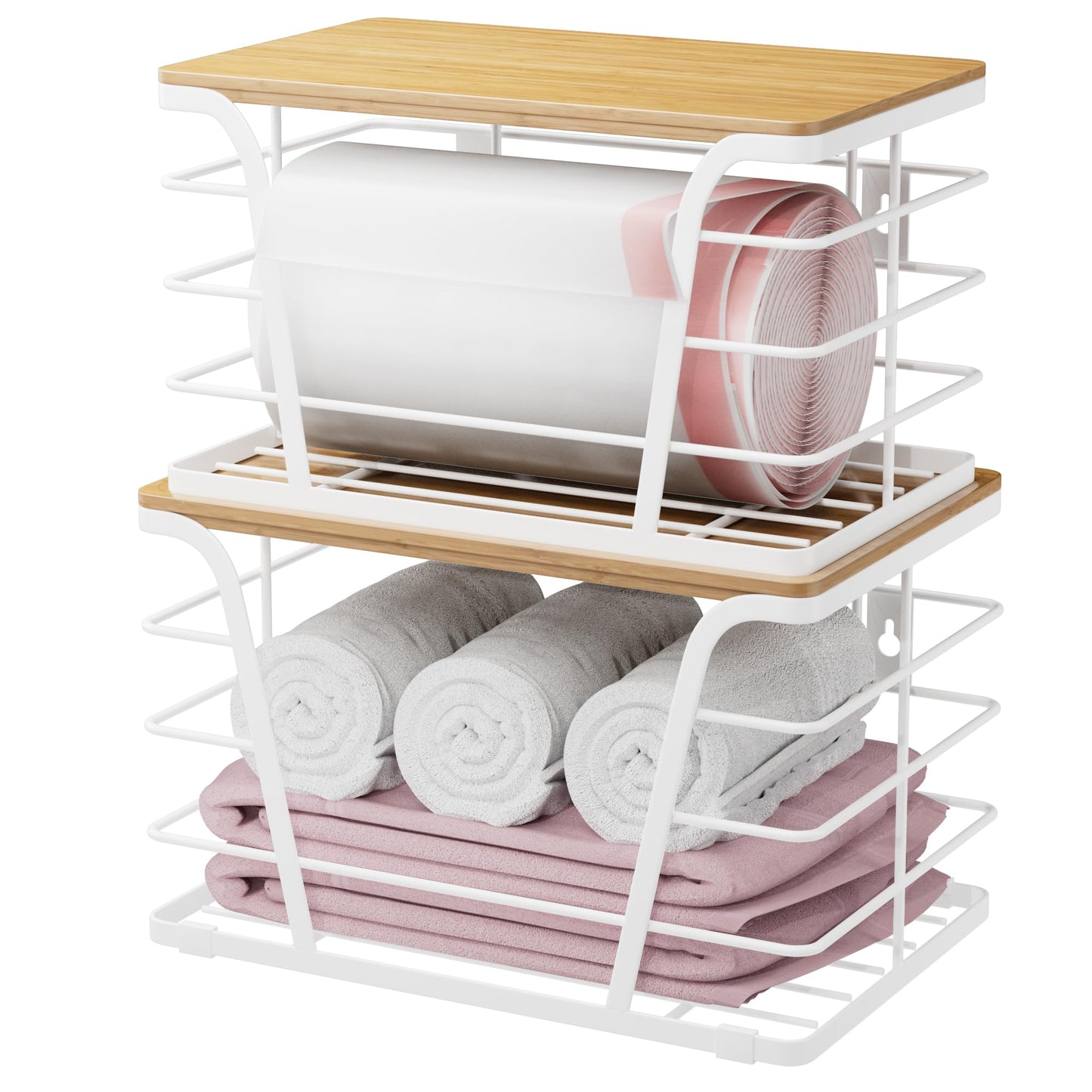 TIDIIABODE Extra Large 2 Pack Potato and Onion Storage Bins, Potato and Onion Storage Baskets with Bamboo Top, Trash Bag Dispenser, Storage Stackable for Kitchen Laundry Organizers, White
