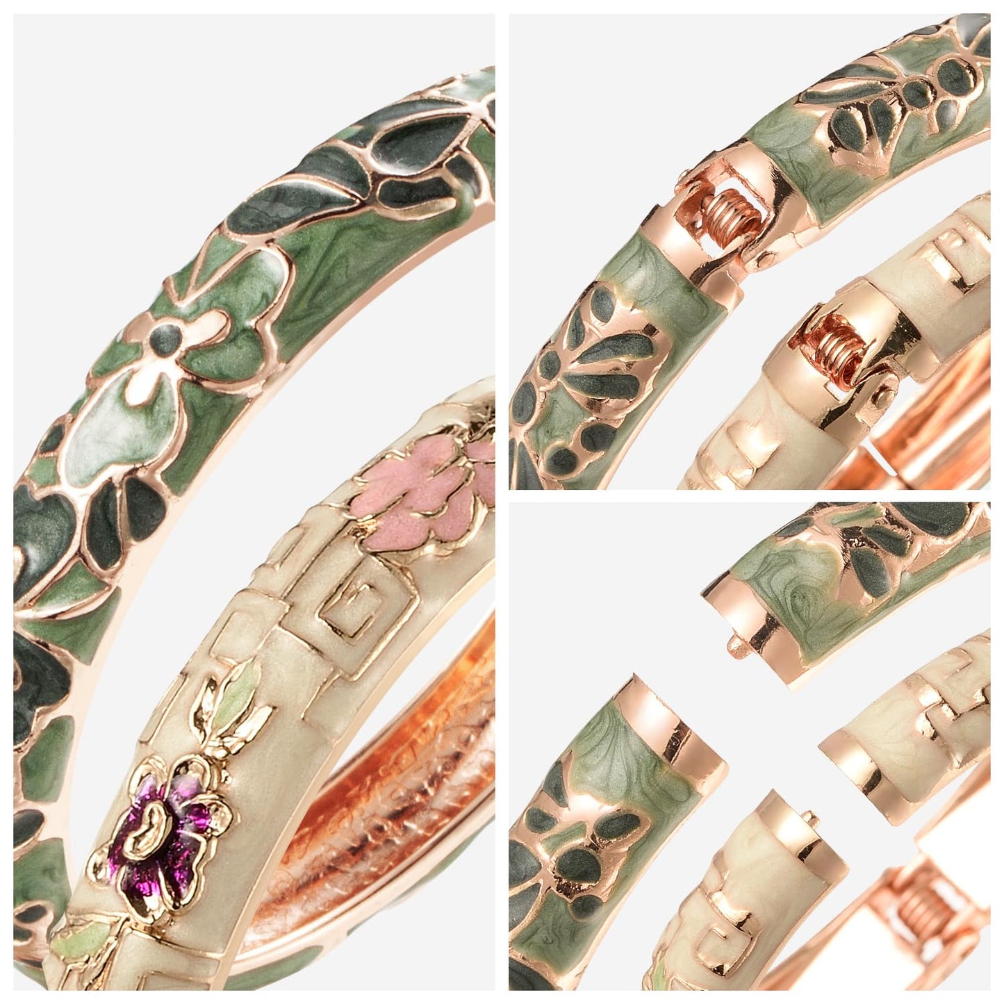 UJOY Vintage Cloisonne Bracelets Flower Enameled Jewelry Plated Cuff Bangle for Women Gift Box 55A100-55A114 Green Yellow