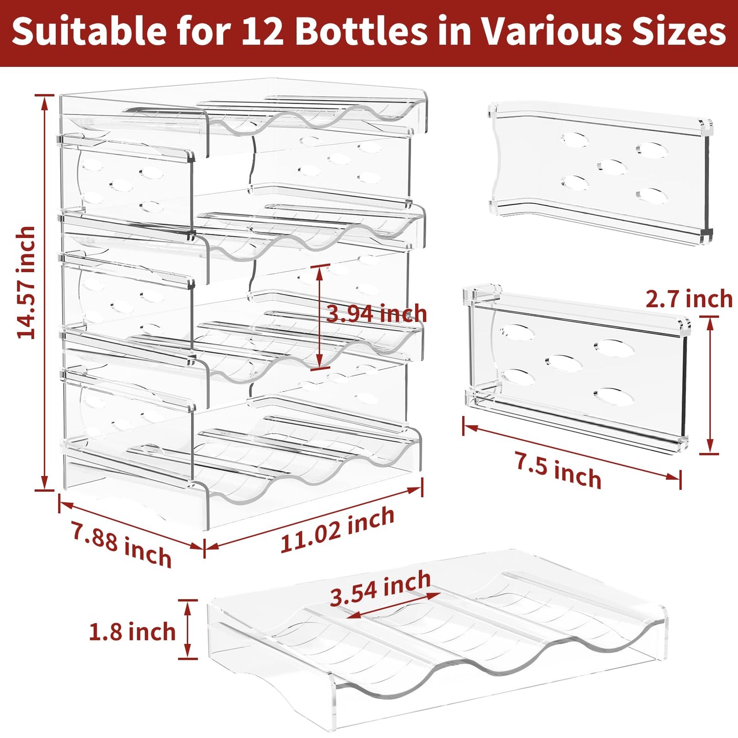 EZ COZY Wine Rack, 4 Tier Water Bottle Organizer for Cabinet, Stackable Clear Wine Holder for Pantry, Refrigerator, Countertop Organization (12 Bottles)