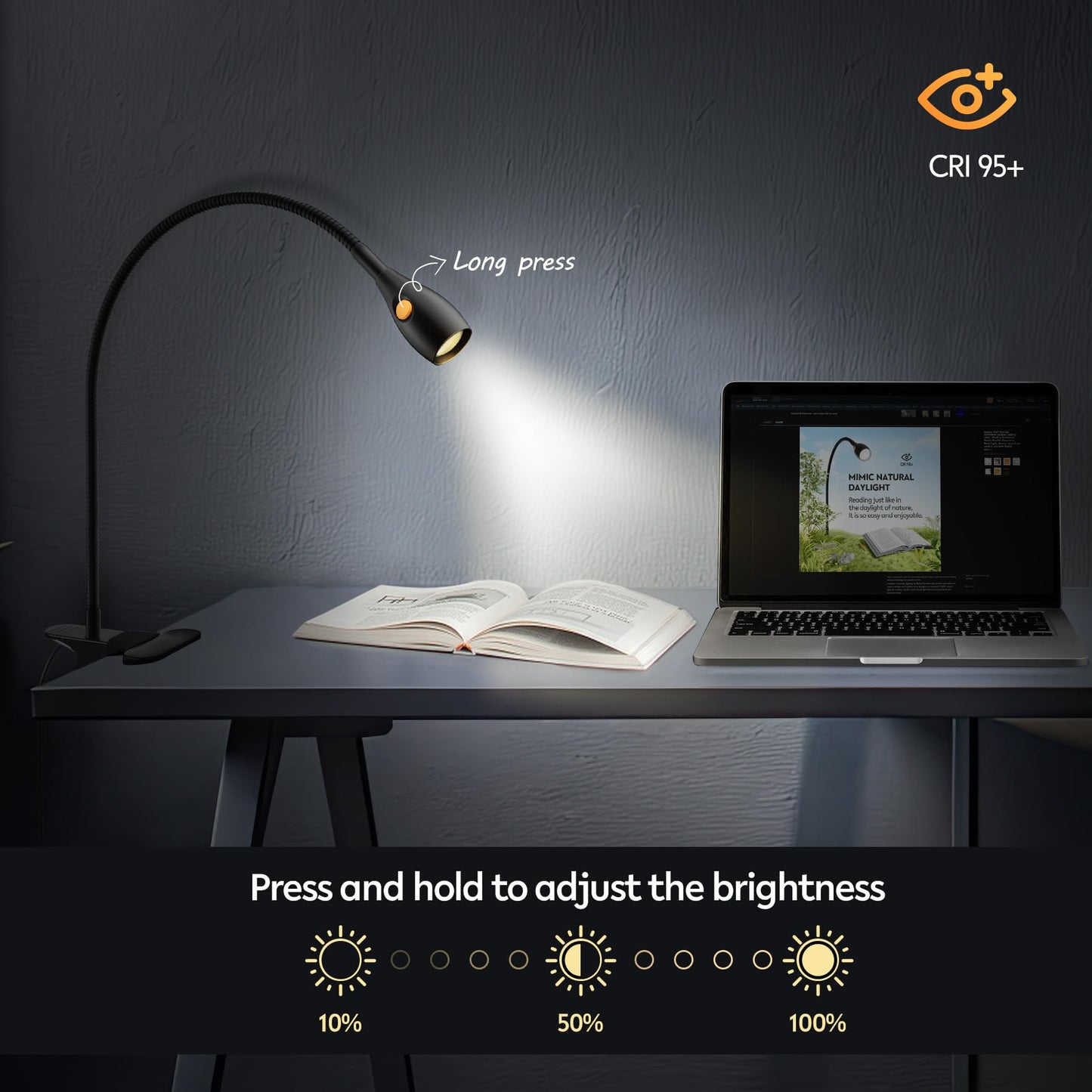 acegoo Minimalist Reading Light for Bed Headboard Dimmable Book Light Clip on Lamp with USB-C Adapter, Flexible Neck & Handy Lamp Head Switch, CRI 90+