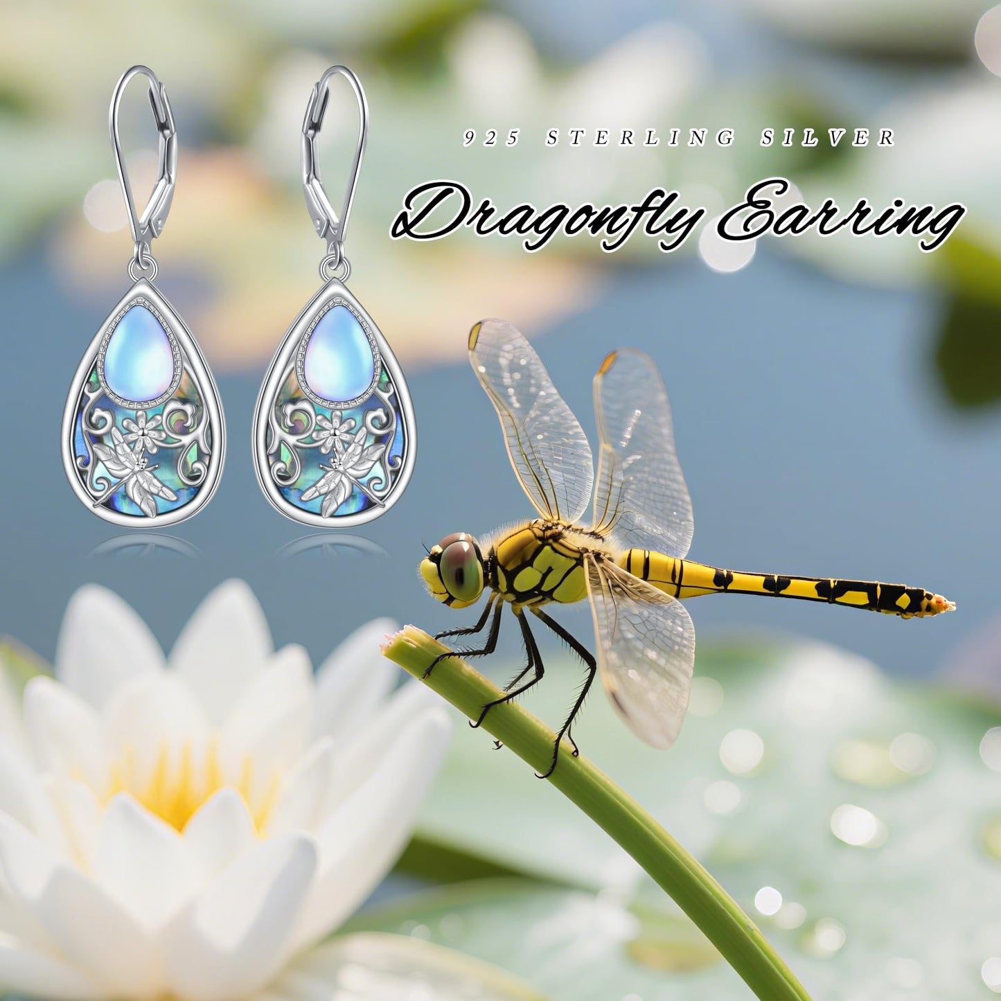 SHAOAN 925 Sterling Silver Dragonfly Moonstone Dangle Drop Earrings Abalone Shell Leverback Teardrop Earring Jewelry Gifts for Women