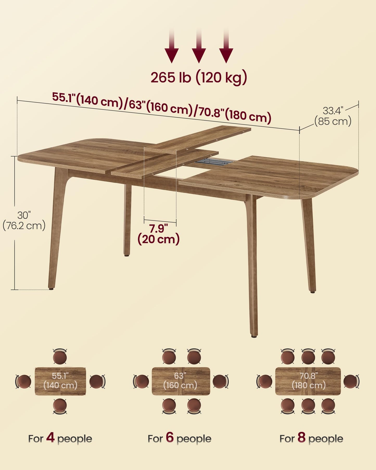 VASAGLE MAEZO Collection - Extendable Dining Table for 4/6/8, Kitchen Table with Tapered Legs, Curved Transitions, for Dining Room, Kitchen, Home Office, Honey Brown UKDT090K01V1