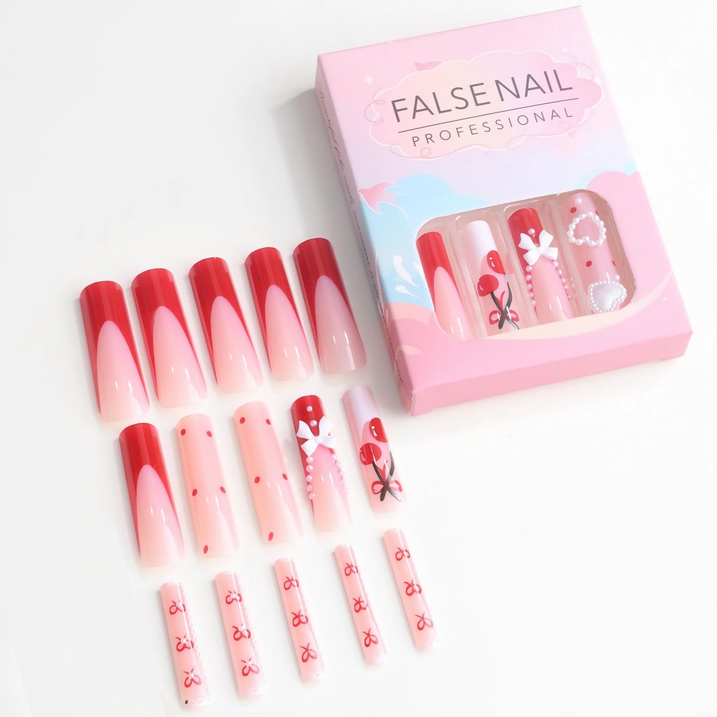 BABALAL Long Square Press on Nails, Red French Tip Heart Bow Charm Cute Cherry Glossy Acrylic Nails Squoval Glue on Nails 24 Pieces