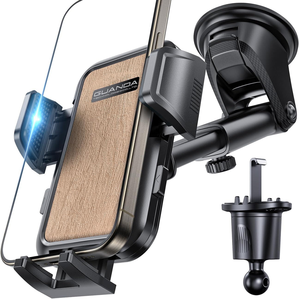 [2025 New] Dashboard Phone Holders for Your Car (+Vent Hook)[Military Grade Stable] Car Cell Phone Holder, Non-Slip Silicone Carbon Fiber Car Phone Mount, Rotatable Suction Cup for All Phone, Gold