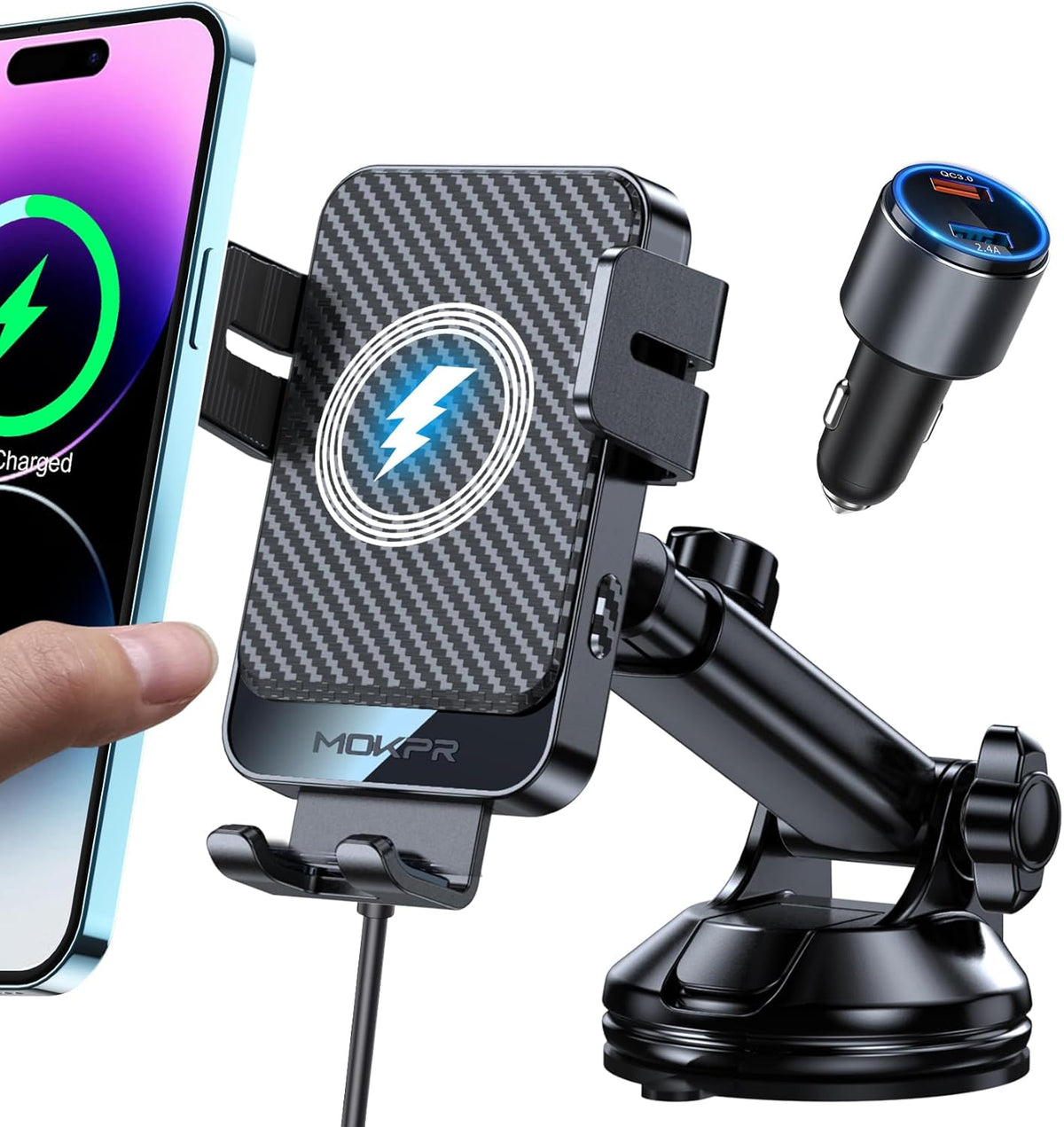 Wireless Car Charger, MOKPR 15W Fast Charging Auto-Clamping Car Mount Universal Hands-Free Car Charger Mount for Dash Windshield Air Vent Compatible with iPhone 15/14/13/12, Samsung S23/S22/S21 Black