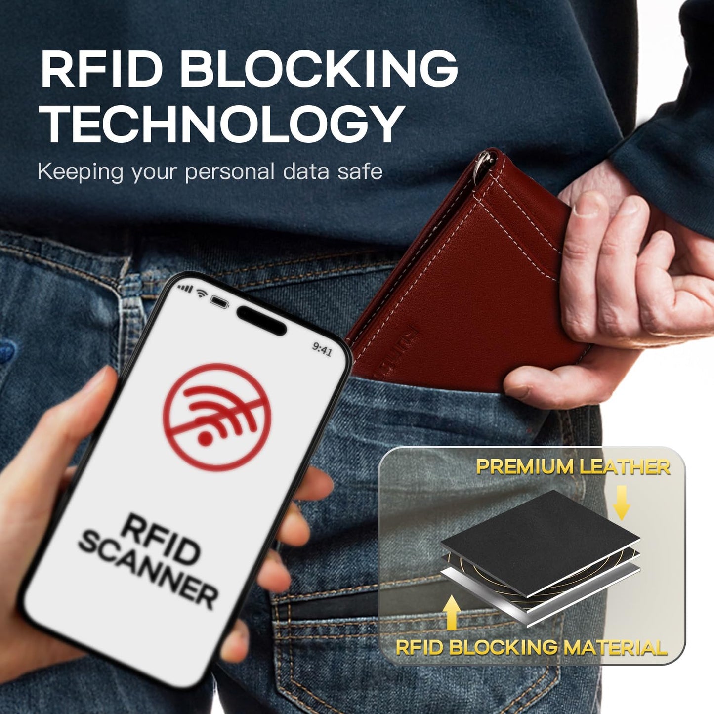 RUNBOX Slim Money Clip Wallets for Men RFID Blocking 8 Card Holder Minimalist Small Thin Carbon Leather Bifold Mens Front Pocket Wallet Gift Box(Vermilion)
