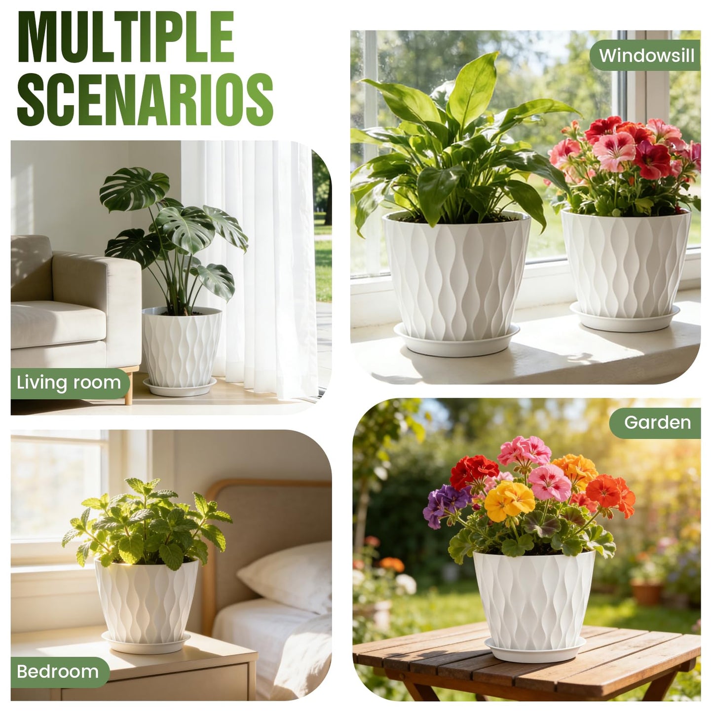 Areutxbis 8" Water Wave Plant Pots with Drainage Holes & Saucers, 4 Pack Modern Textured Medium Planters for Indoor Outdoor Plants, Decorative Flower Pots Repotting Set for Flowers, Herbs (White)
