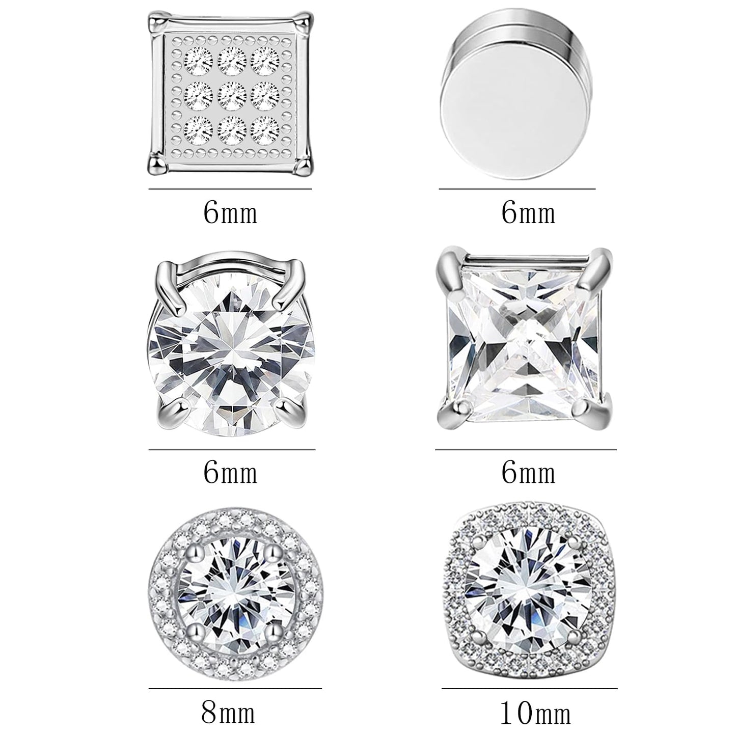NEWITIN 6 Pairs Stainless Steel Magnetic Stud Earrings for Men Clip on Earring Magnetic Earring Unisex Non Piercing CZ Magnet Studs Diamond Earrings for Women Men